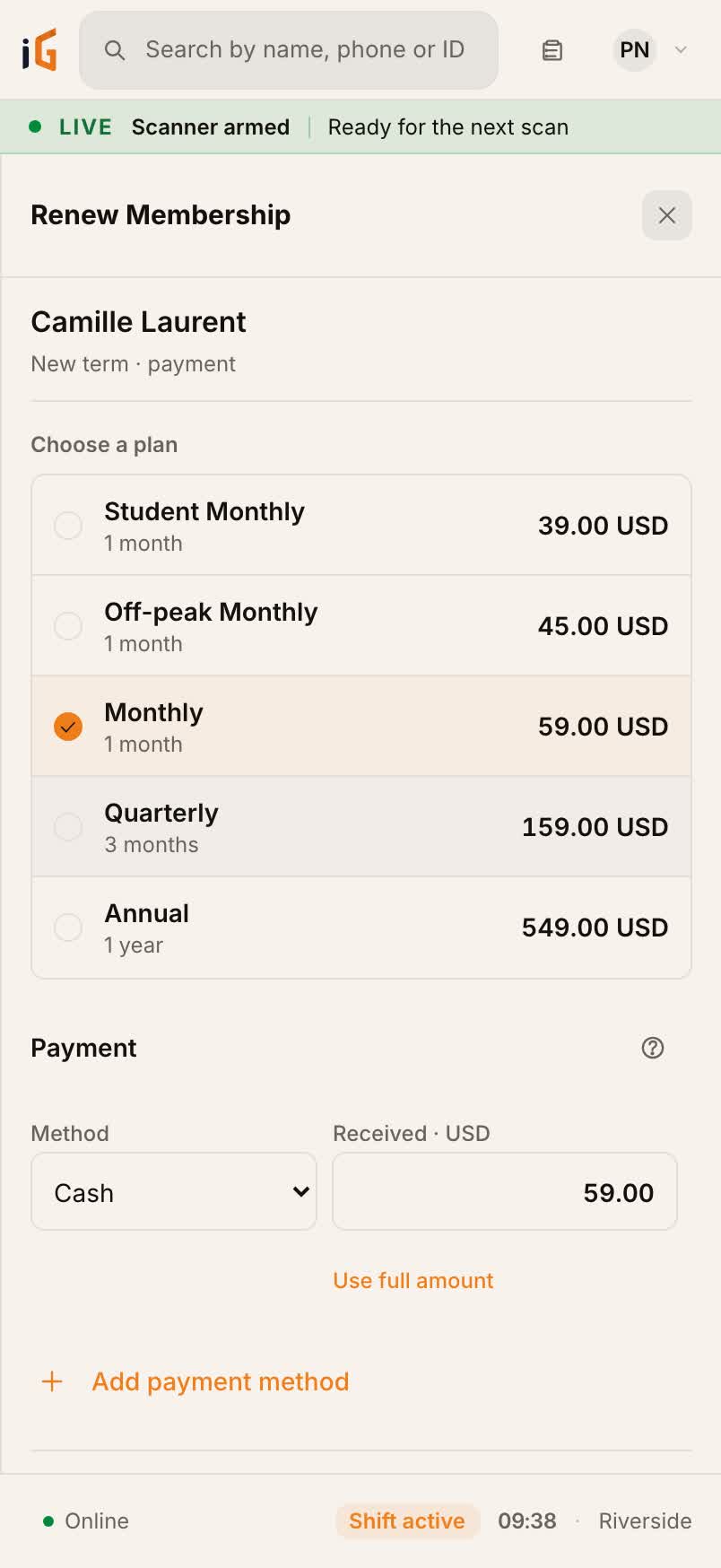 Renewing a membership on a phone.